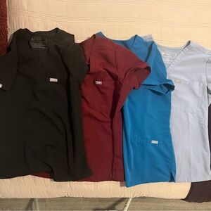 Figs Bundle of 4 V-Neck Scrub Tops Black Wine Teal Blue and Gray